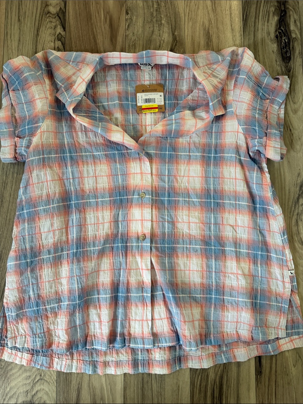 Eddie Bauer Pink & Blue Plaid Short Sleeve Button-Down Shirt